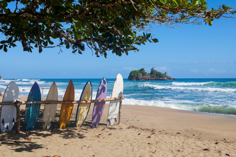 a line of surfboards at Playa Cocles in Costa Rica