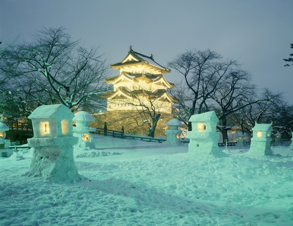 castle lit up for a Japan snow festival