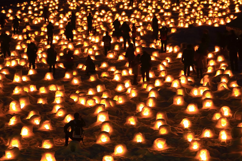 hundreds of snow candles at a Japanese snow festival