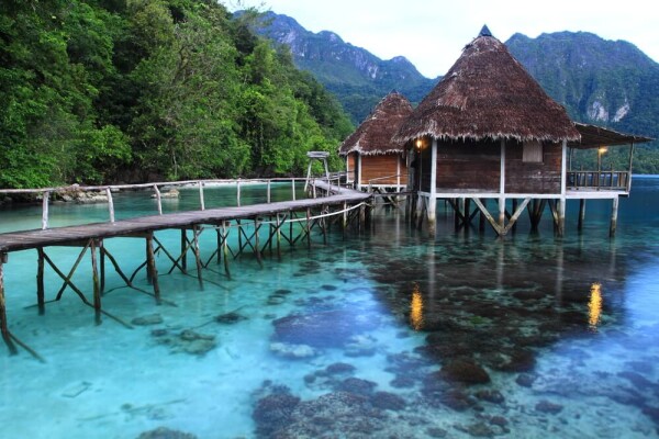hut floating over water in the islands in Indonesia