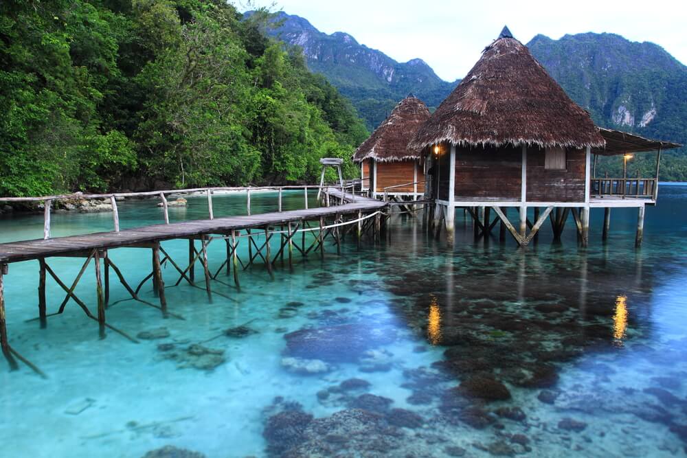 hut floating over water in the islands in Indonesia